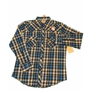 Wrangler Pearl Snap Shirt Mens Lg Plaid Western Button Up Blue Brush Popper NWT